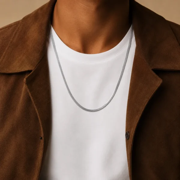 KEVNA Silver Flat Mesh Chain Necklace | Herringbone Snake Style Chain