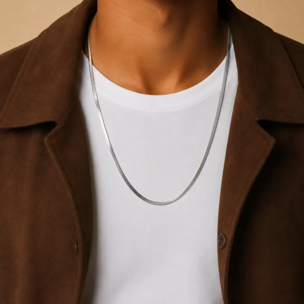KEVNA Silver Herringbone Chain Necklace | Flat Snake Stainless Steel Chain